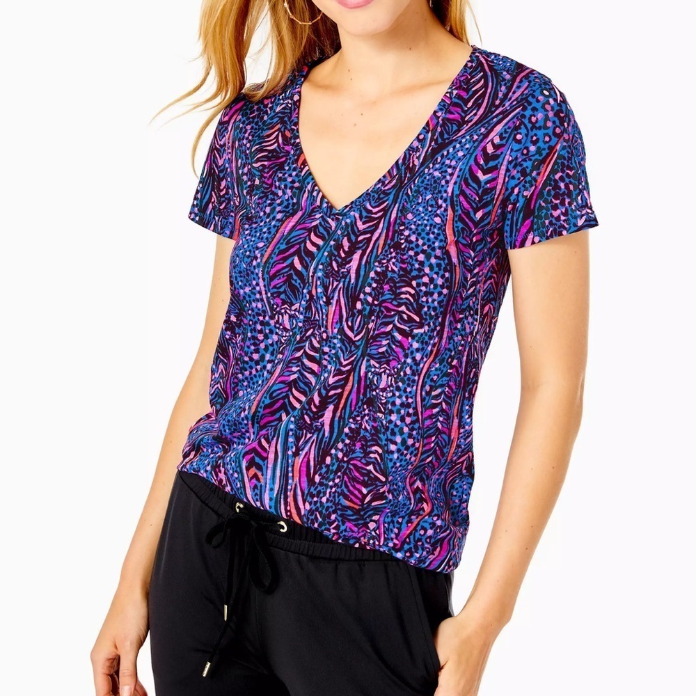 NWT Lilly Pulitzer Women’s Etta V-Neck Top in Blue Flare Always Pawsitive size S